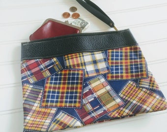 SALE Vintage Plaid Purse, 50s Wristlet, Cosmetic Bag PLUS leather coin purse,