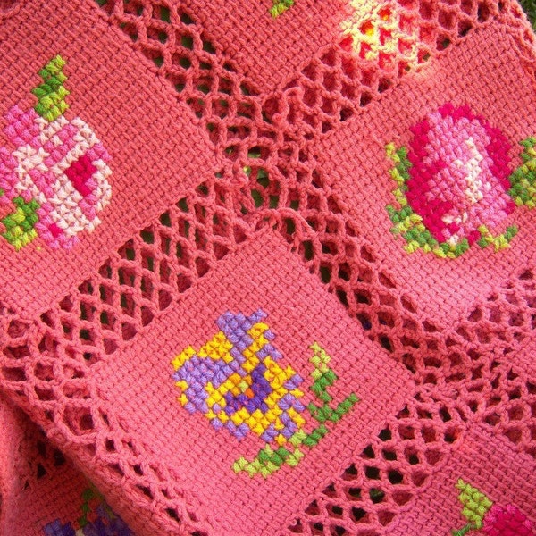 RESERVED FOR MISSMARPLETOO Vintage afghan blanket / Pink Coral / fruit flowers / knit crochet cross stitch