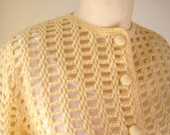 SALE 70s Evan-Picone pointelle knit cardigan, 70s buttery yellow cardigan / light lattice stitch sweater, ILGWU / USA, womens small medium