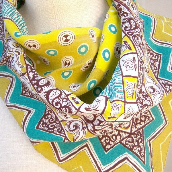 SALE Vintage Mod Scarf / lime green aqua mustard yellow polka dots chevron geometric print / silky rayon / LARGE