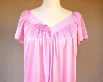 SALE Vintage Bubble Gum Pink night gown / LONG girly nightie, bell sleeves / satiny nylon, small-med