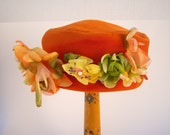 VINTAGE SALE Orange VELVET pill box hat / 50s 60s vintage hat,  silk flowers, fall wedding