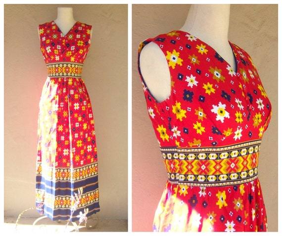 70s floral maxi dress / red yellow navy dress / bo