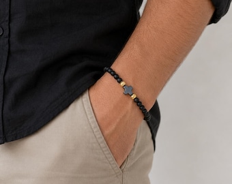Matte Onyx Cross Bracelet, Gold Accent, Adjustable Macrame Christian Jewelry