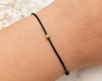 Minimalist Black String Bracelet with 14K Gold Bead, Lucky Protection Jewelry