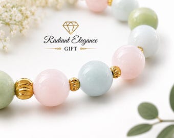 Pastel Gemstone Bracelet, Morganite Aquamarine, Adjustable Gold Accent Jewelry