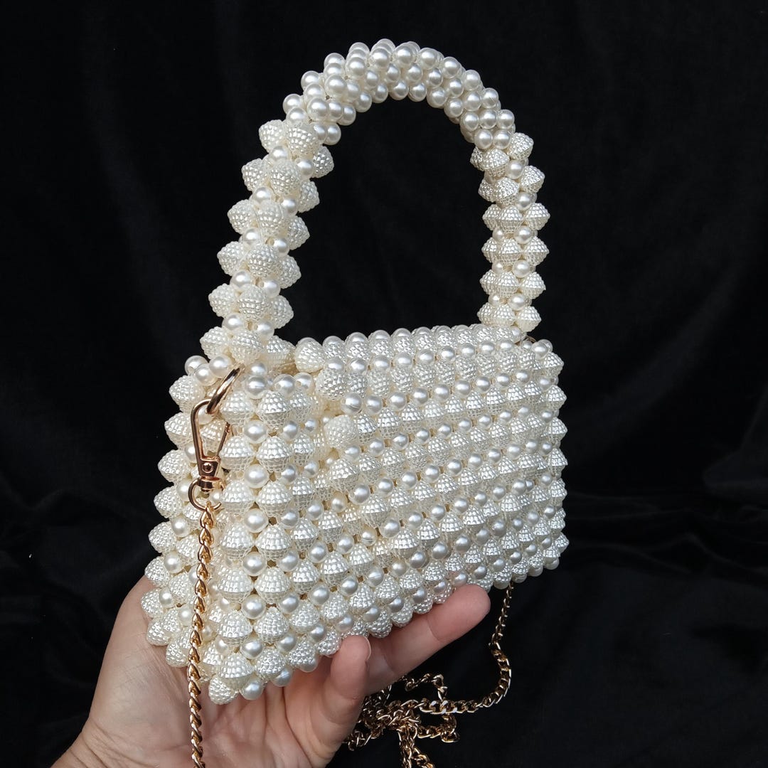 ブラック パールバッグ ショルダービーズバッグ 3Wayミニトート | Baginning アイボリー パール風ビーズ ハンドバッグ