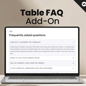 Może przedstawiać: Laptop wyświetlający stronę internetową z tekstem "Table FAQ Add-On" i "Często zadawane pytania". Ekran zawiera pytania dotyczące dostosowywania szablonu, konfiguracji, kompatybilności z urządzeniami mobilnymi i platformą. Widoczne jest logo Showit.