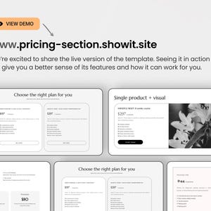 May include: A website screenshot showing a pricing table for different services. The table includes options for a single product with visual elements, a mindful reset, and a standard and premium option. The website address is www.pricing-section.showit.site.