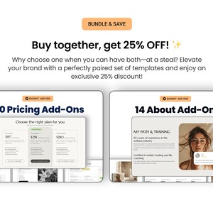 May include: Two Showit Add-Ons for website templates. The first is for pricing add-ons and shows three pricing plans for $197, $258, and $280. The second is for about add-ons and shows a woman with a caption about her path and training.