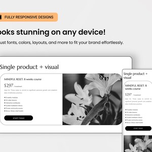 May include: A website mockup showing a black and white image of lilies with text that reads "Single product + visual" and "MINDFUL RESET: 8 weeks course $297". The text "START TODAY" is on a button.