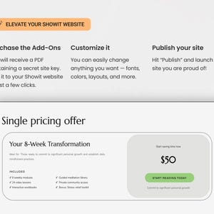 May include: A website screenshot showing a pricing offer for an 8-week transformation program. The program includes weekly modules, video lessons, interactive workbooks, guided meditation, private community access, and a bonus stress-relief toolkit. The price is $50.
