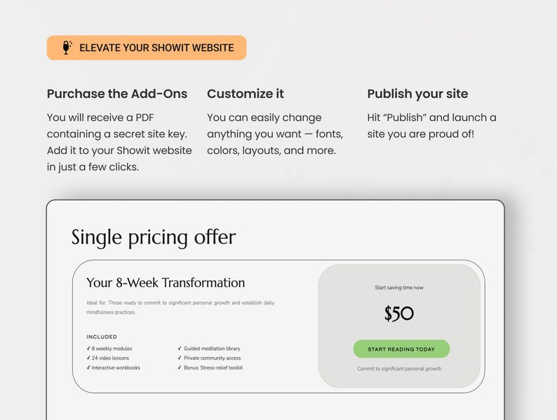 May include: A website screenshot showing a pricing offer for an 8-week transformation program. The program includes weekly modules, video lessons, interactive workbooks, guided meditation, private community access, and a bonus stress-relief toolkit. The price is $50.