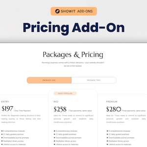 Showit Pricing Page Add-On, Complete Pricing Page Website Template for Coach, Showit Website Template Add-Ons for a Photographer