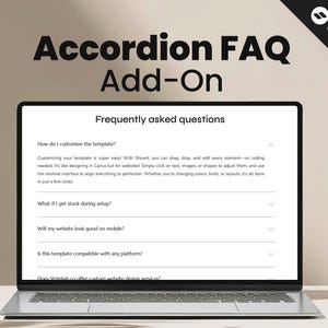 Könnte beinhalten: Ein Laptop-Bildschirm zeigt eine Webseite mit der Überschrift "Accordion FAQ Add-On" und der Überschrift "Frequently asked questions". Der Inhalt behandelt die Anpassung von Vorlagen, Einrichtungsprobleme, mobile Kompatibilität und Plattformkompatibilität. Das Showit-Logo ist sichtbar.