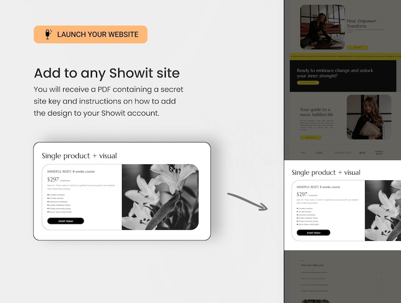 May include: A website design template for a mindful reset course. The template features a black and white photo of lilies and the text "Mindful Reset 8 weeks course $297".