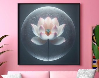 Peut inclure: Une fleur de lotus rose et blanche dans une bulle transparente sur un fond gris foncé. La fleur est nette et la bulle est légèrement floue.
