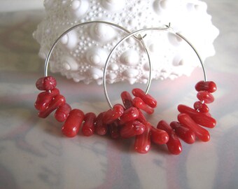 Coral Cluster Hoop Earrings - Silver