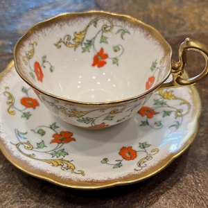 Royal Albert Teacup Saucer Set Hand Painted Orange Poppies Floral 1920&#39;s 5956