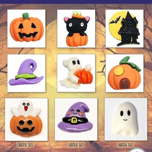 May include: A collection of nine Halloween cover minders featuring various designs including a jack-o'-lantern, a black cat in a pumpkin, a haunted house, a purple witch hat, a ghost holding a pumpkin, a pumpkin house, and a ghost.