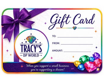 May include: A rectangular gift card with a white background, a purple ribbon, and a rainbow border. It features the text Gift Card, Tracy's DP World, and When you support a small business, you're supporting a dream, alongside colorful diamond graphics.