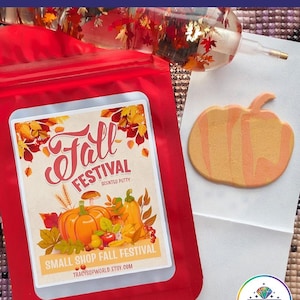 May include: A red resealable pouch containing Fall Festival scented putty with a label featuring pumpkins, leaves, and the text Fall Festival. Beside it is a pumpkin-shaped piece of orange and yellow putty and a clear tube filled with autumn leaf confetti.
