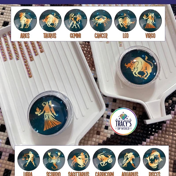 May include: A set of round zodiac-themed covers for diamond painting trays, featuring gold-colored astrological symbols on a dark blue starry background. The text LILYPADS - ZODIACS, CHOOSE YOUR SIGN - INCLUDES BLACK AND ORANGE SPONGES, and TRACY'S DP WORLD are visible.