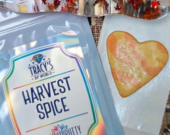 May include: A clear, iridescent pouch of "Harvest Spice Scented Putty" with a heart-shaped putty sample. The pouch features a colorful label with the text "Tracy's DP World". The background includes fall-themed decorations.