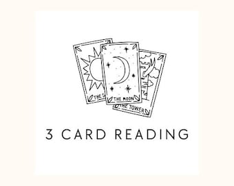 May include: Three tarot cards with black line art illustrations of the sun, moon, and tower. The text "3 CARD READING" is below the cards. The cards are on a white background.
