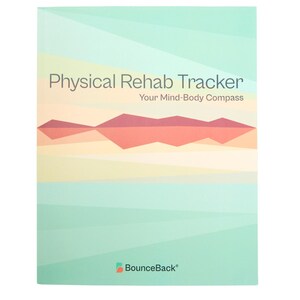 May include: A teal blue cover with a graphic of a sunset and the text "Physical Rehab Tracker Your Mind-Body Compass" and the logo "BounceBack" at the bottom.