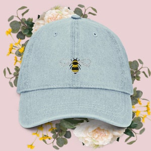 Embroidered Bee Vintage Denim Baseball Cap – Unstructured 6-Panel Hat, Adjustable Strap, 100% Cotton, Nature-Inspired Design