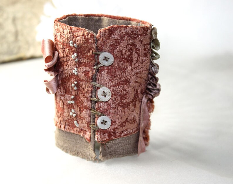 Victorian Fabric Textile Art Wrist Cuff Bracelet Vintage Lace image 4