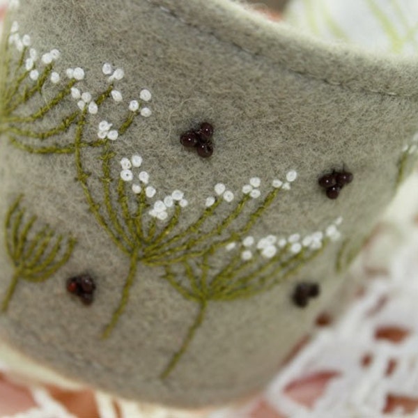 Queen Annes Lace Dill Fabric Cuff Textile Bracelet Wrist Hand Embroidery Botanical