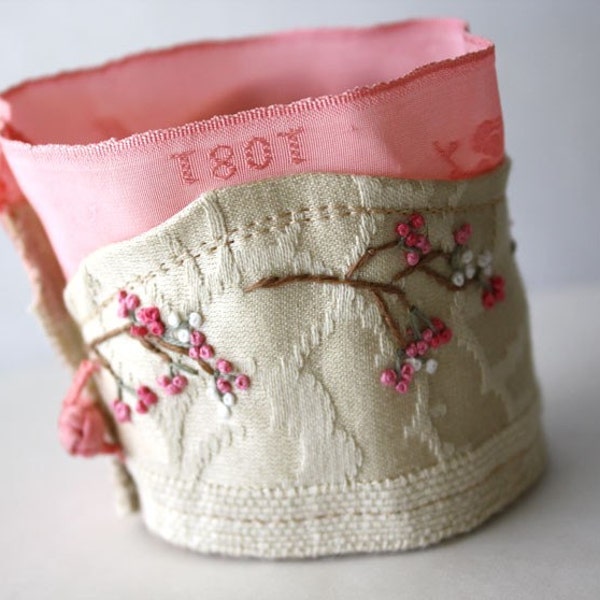 Cherry Blossom Hand Embroidery Cuff   RESERVED: ANGIE