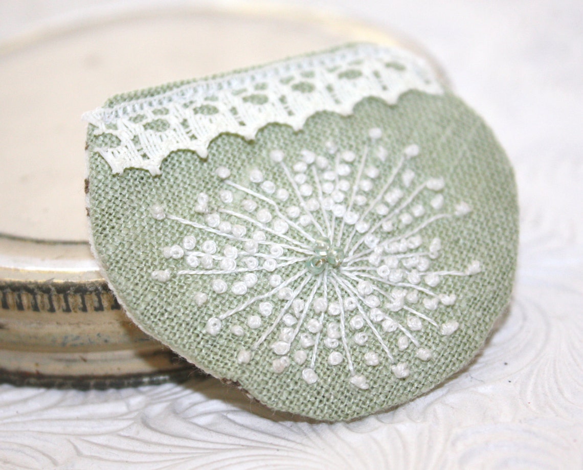 Hand Embroidery Queen Annes Lace Embroidered Brooch Mint Etsy