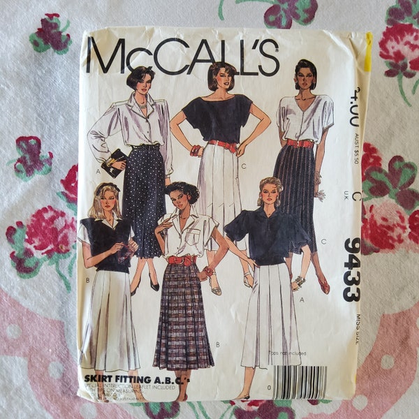 McCalls 9433 Complete Uncut Factory Folds Vintage 80s Sewing Pattern Pleated Skirts Box Stitched Down Straight Size 8 Waist 24