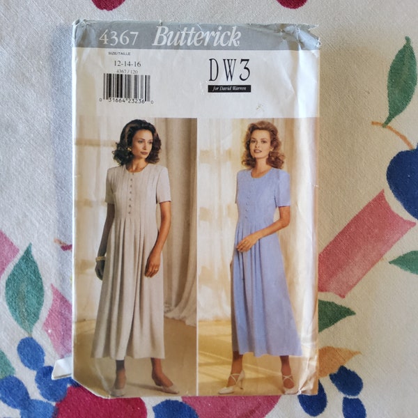 Butterick 4376 complet non coupé plis en usine vintage des années 90 motif de couture coupe ample robe plissée DW3 pour David Warren taille 12-16 34-38