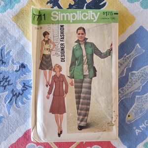 May include: A vintage Simplicity Designer Fashion sewing pattern, size 10, featuring illustrations of women's clothing designs. The cover has the number 7711 and the price $1.75. The designs include a skirt, jacket, and pants.