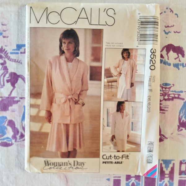 McCalls 3520 Complete Uncut Factory Folds Vintage 80s Sewing Pattern Woman's Day Oversized Blazer Skirt Sash Romantic Career Sz 16-20 38-42