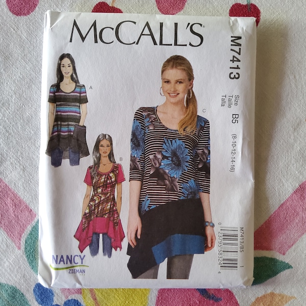 McCalls 7413 Complete Uncut Factory Folds Sewing Pattern Knit Tops Tunics Skater Style Color Block Hemline Uneven Shark Bite Sz 8-16 31.5-38