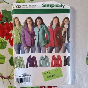 May include: A Simplicity sewing pattern envelope 4032 for jackets in sizes 8-16. The front displays five variations of jackets in green, purple, teal, red, and a black textured vest. Includes illustrations of each style, a barcode, and text.