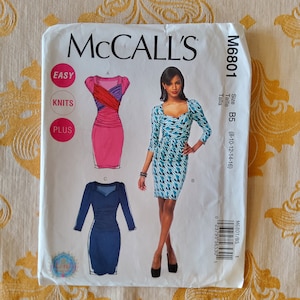 McCalls 6801 Complete Uncut Factory Folds Sewing Pattern Easy Knits Sweetheart Neckline Ruched Body Con Dresses Size 8-16 Bust 31.5-38