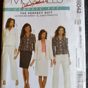 May include: A sewing pattern for a suit, featuring four women wearing different versions of the suit. The pattern is called "The Perfect Suit" and is from McCall's Classic Fit. The pattern number is M6042 and the size is BB (8-10-12-14).