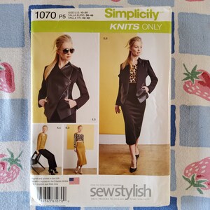 May include: Simplicity sewing pattern 1070 P5 for knit tops and jackets. The pattern includes instructions for a black leather jacket, a black and white animal print top, and a black skirt. The pattern is for sizes UK 12-20, Euro 38-46, and French 40-48.