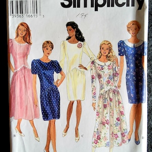 Simplicity 9414 Complete Uncut Factory Folds Vintage 90s Modest Dress Inverted Waistline Puff Sleeves Lock Up Your Virtue Size 14 16 18