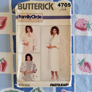 May include: A vintage sewing pattern from Butterick, pattern number 4705, for a jacket. The pattern is from the Family Circle Collection and is for sizes P-S-M. The pattern shows three different styles of jackets, all with long sleeves and a collar.