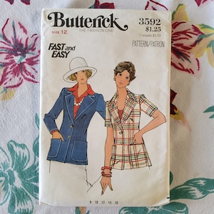 Butterick 3592 Complete Uncut Factory Folds Vintage 70s Sewing Pattern Short or Long Sleeve Blazer Patch Pockets Wide Lapels Size 12 Bust 34