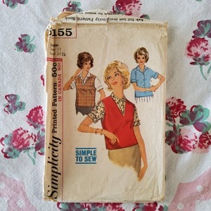 Simplicity 5155 Cut Complete Vintage 60s Sewing Pattern Kimono Cuff Sleeve Blouse and Squared Vest Size Jr 11 Bust 31.5