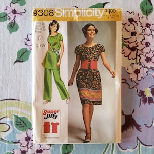 Simplicity 9308 Cut-Ish Complete Vintage 70s Sewing Pattern Super Jiffy 3 Pattern Pieces Dress Over Wide Leg Pants Or No Pants! Sz 16 B 38