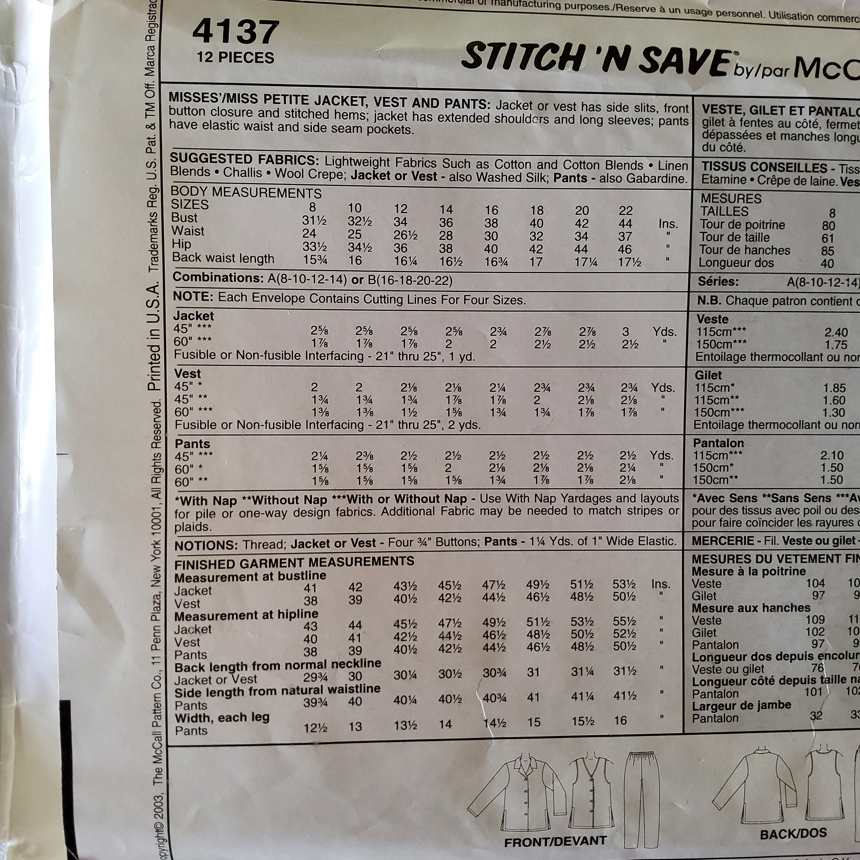 Mccalls 4137 Complete Uncut Factory Folds Easy Stitch 'n Save Sewing ...